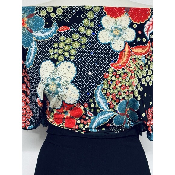 Y2K Multicolor Floral Top w Sparkle Dots Fitted Lower Off Shoulder Sydney Joy S - Picture 2 of 9